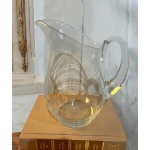 Vtg Hand Blown Clear Glass Pitcher 8" Tall Applied Handle Water Juice